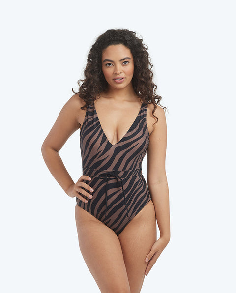 The Tie Waist Backflip - Modern Zebra in Chocolate & Sea Urchin