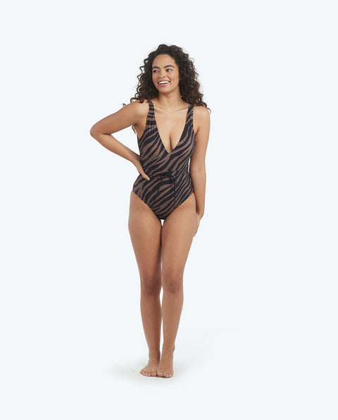 The Tie Waist Backflip - Modern Zebra in Chocolate & Sea Urchin