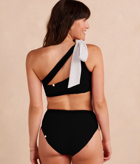 The Bow-Shoulder Ruched Sidestroke Bikini Top - Sea Urchin & White Sand