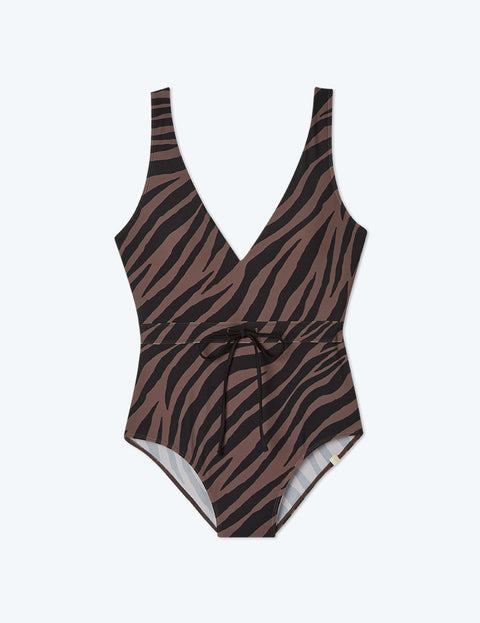 The Tie Waist Backflip - Modern Zebra in Chocolate & Sea Urchin