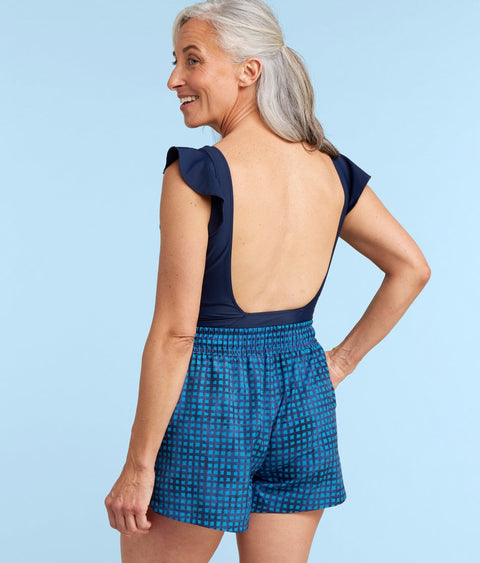 The High Tide Swim Shorts - Gingham in Deep Sea