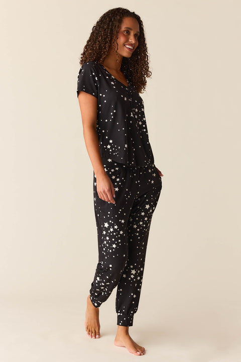 Nadia Cloud Jersey PJ Set in Black Stars
