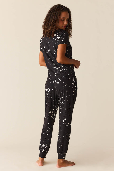 Nadia Cloud Jersey PJ Set in Black Stars