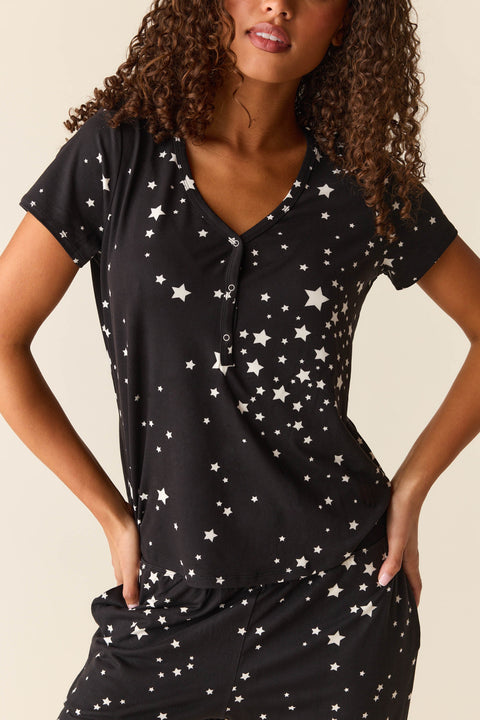 Nadia Cloud Jersey PJ Set in Black Stars