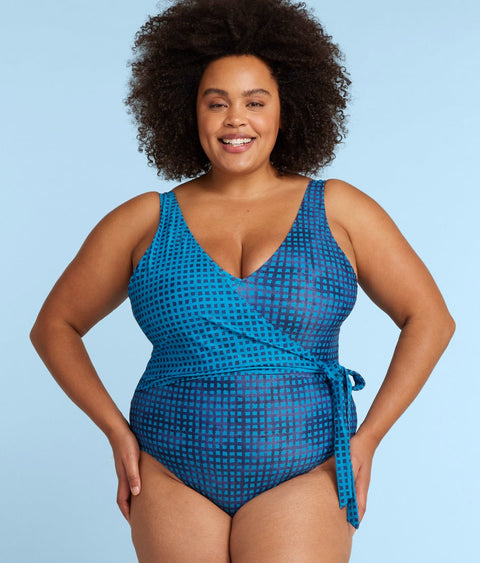 The Perfect Wrap One-Piece - Mixed Gingham in Calypso & Deep Sea