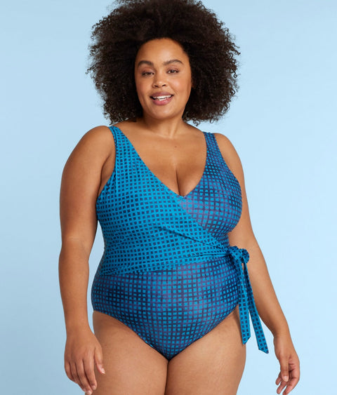 The Long Torso Perfect Wrap One Piece - Mixed Gingham in Calypso & Deep Sea