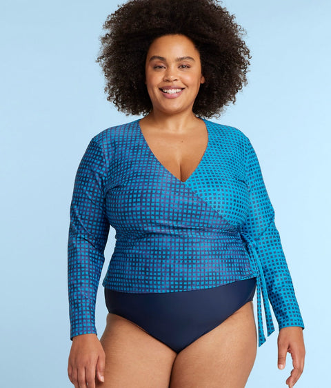 The Perfect Wrap Long Sleeve Cover-Up - Mixed Gingham in Calypso & Deep Sea