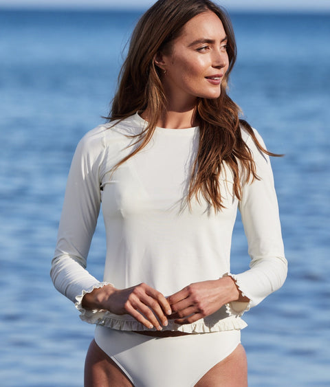 The Waterside Ruffle Rash Guard - White Sand