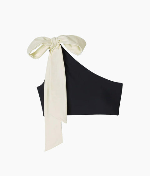 The Bow-Shoulder Ruched Sidestroke Bikini Top - Sea Urchin & White Sand