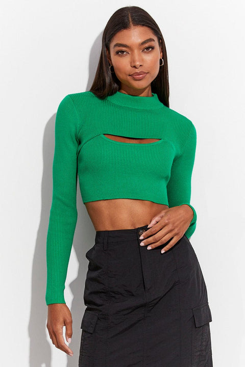 Green Knitted Cami Top And High Neck Shrug Set