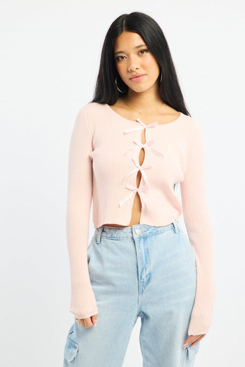 Pink Knit Top Long Sleeve Front Ribbon