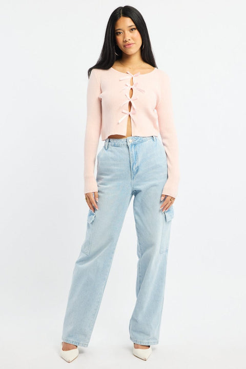 Pink Knit Top Long Sleeve Front Ribbon