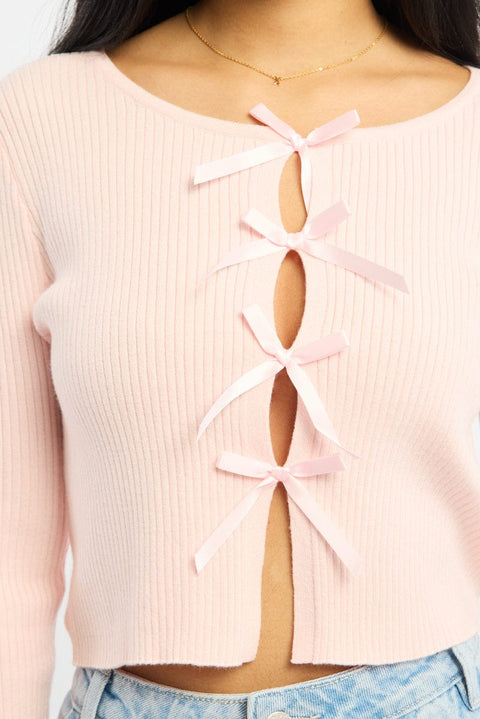 Pink Knit Top Long Sleeve Front Ribbon