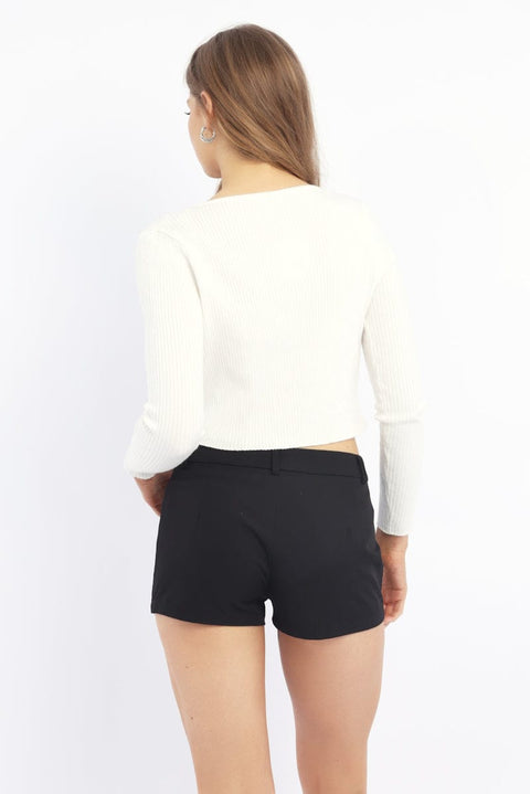 White Knit Top Long Sleeve Front Ribbon