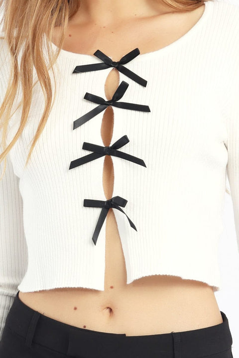 White Knit Top Long Sleeve Front Ribbon