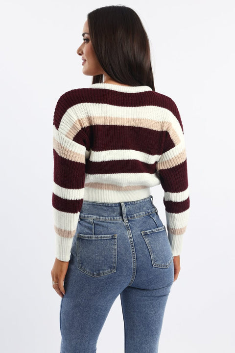 Red Stripe Knit Top Long Sleeve Color Block