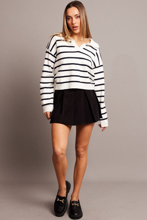 White Stripe Knit Top Long Sleeve Collar