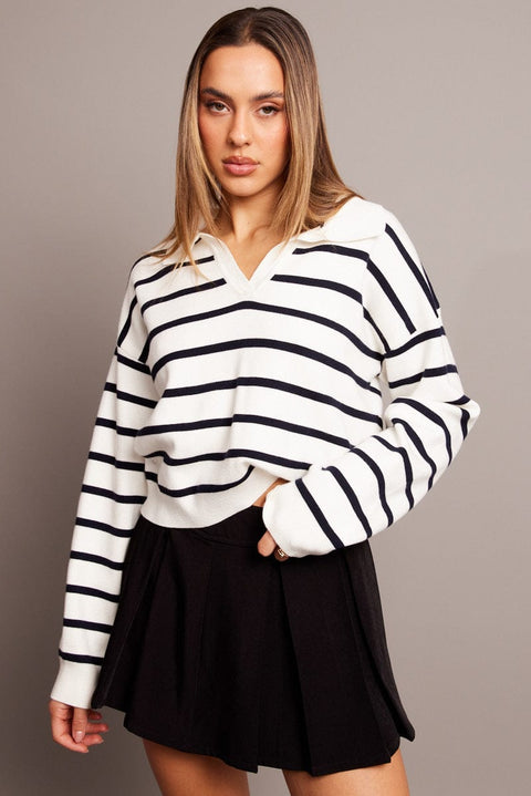 White Stripe Knit Top Long Sleeve Collar