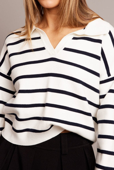 White Stripe Knit Top Long Sleeve Collar