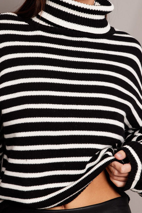 Black Stripe Knit Top Long Sleeve High Neck