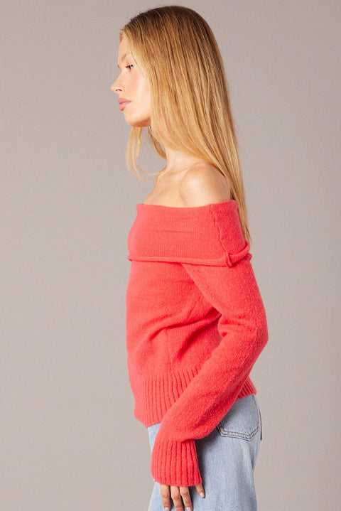 Red Knit Top Long Sleeve Off Shoulder