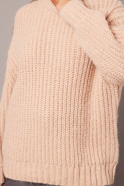 Beige Knit Top Long Sleeve Chunky