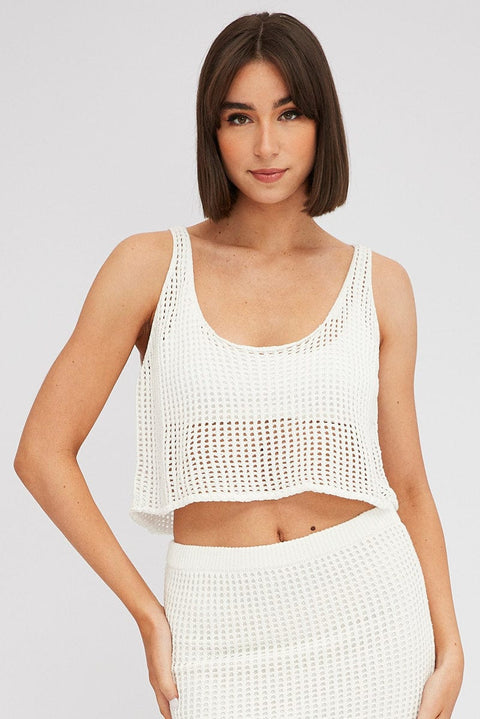 White Crochet Knit Top Scoop Neck