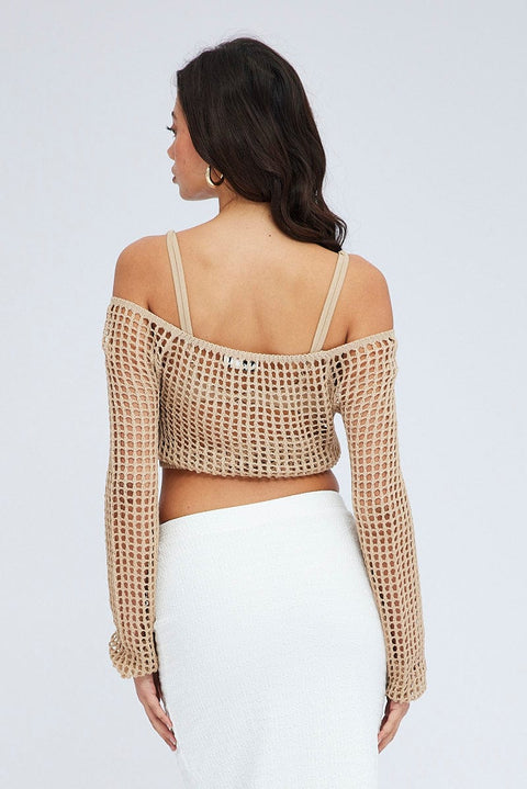 Beige Crochet Knit Top Long Sleeve Square Neck