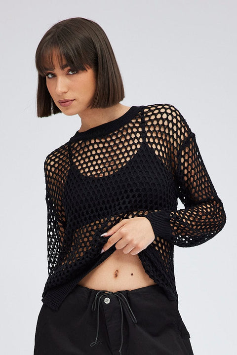 Black Oversized Knit Top Crew Neck