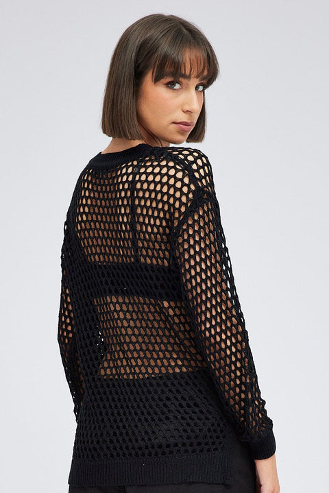 Black Oversized Knit Top Crew Neck