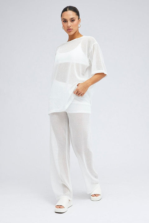 White Oversized Knit Top Short Sleeve Crew Neck