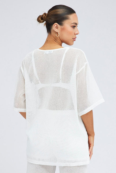White Oversized Knit Top Short Sleeve Crew Neck