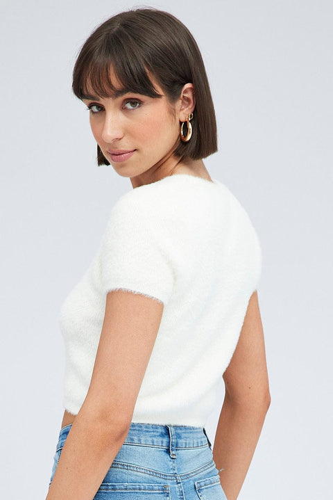White Fluffy Knit Top Short Sleeve Crew Neck