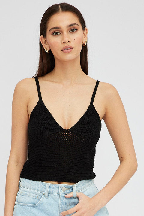 Black Crochet Singlet Top V Neck