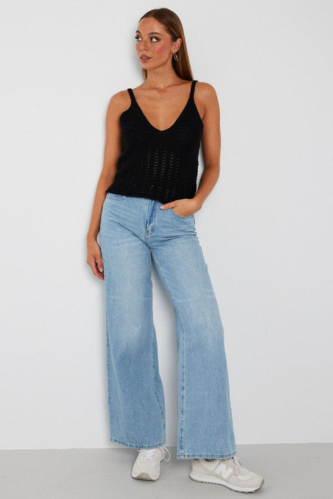 Black Crochet Knit Top Sleeveless V Neck