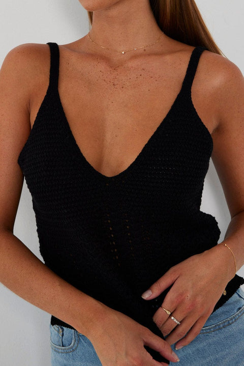 Black Crochet Knit Top Sleeveless V Neck