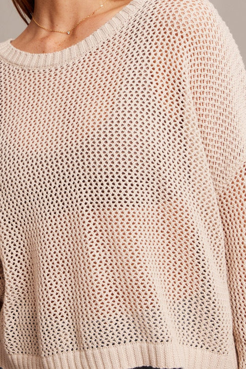 Beige Crochet Knit Top Boat Neck Long Sleeve