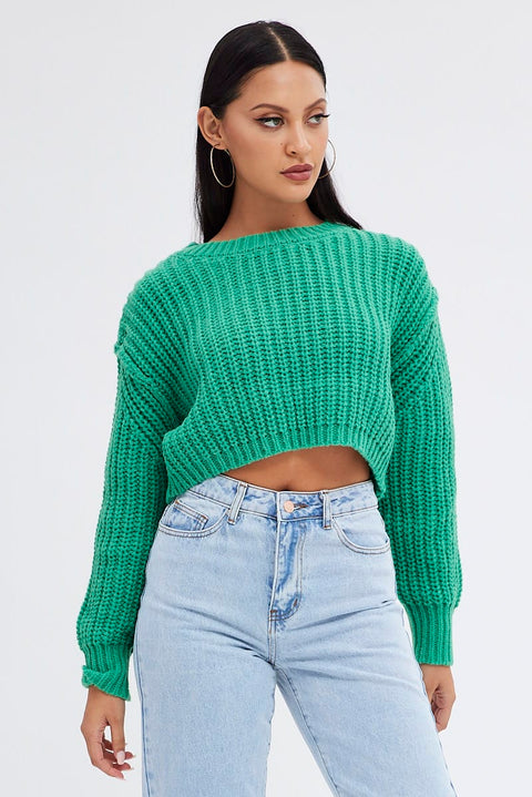 Green Knit Top Round Neck Long Sleeve Crop