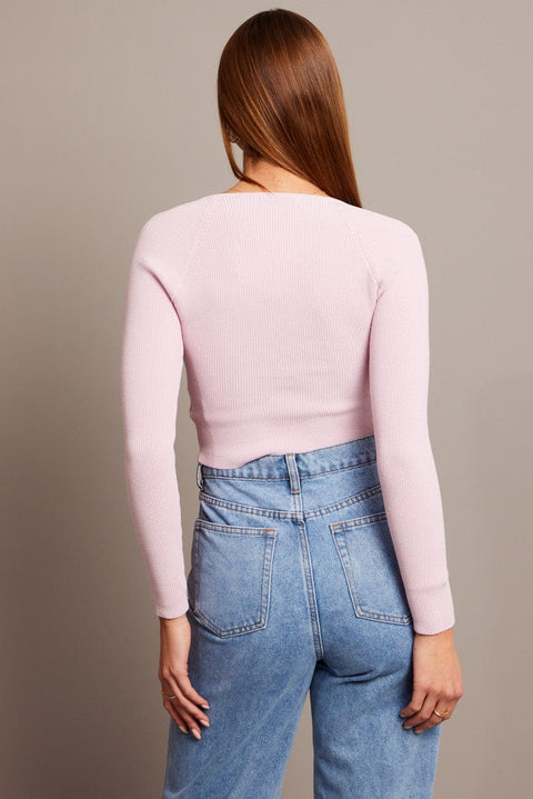 Pink Knit Top Long Sleeve Sweatheart Neck