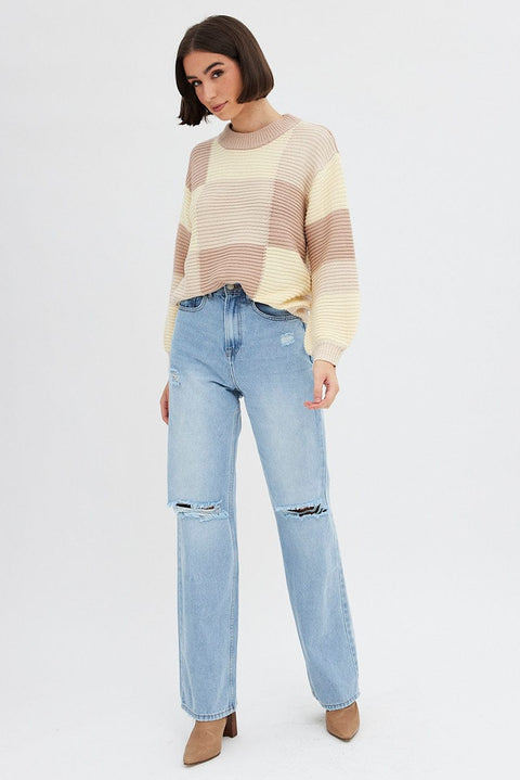 Beige Knit Top Round Neck Long Sleeve Patchwork
