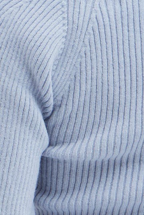 Blue Knit Top Sweet Heart Neck Volume Sleeve Crop