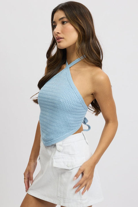 Blue Knit Top Halter Neck