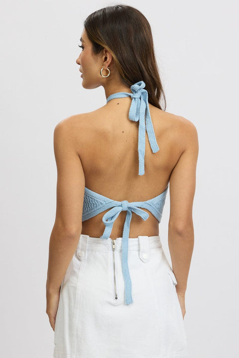 Blue Knit Top Halter Neck