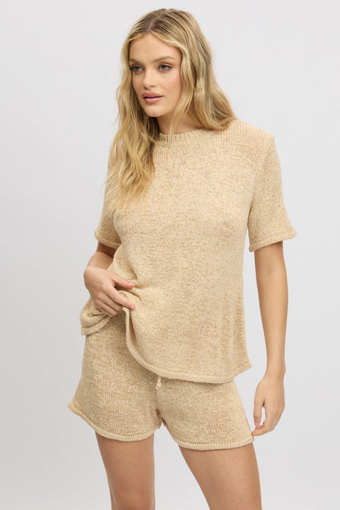 Beige Knit Top Short Sleeve Crew Neck