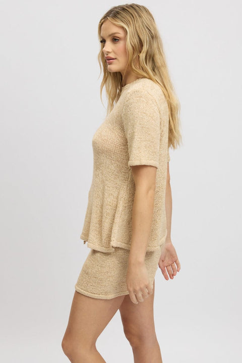Beige Knit Top Short Sleeve Crew Neck