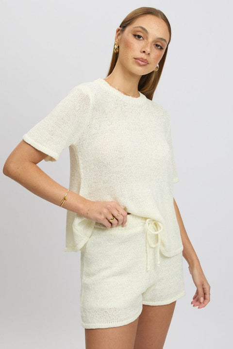 White Knit Top Short Sleeve Crew Neck