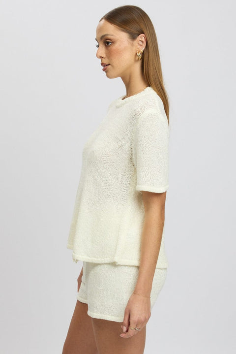 White Knit Top Short Sleeve Crew Neck