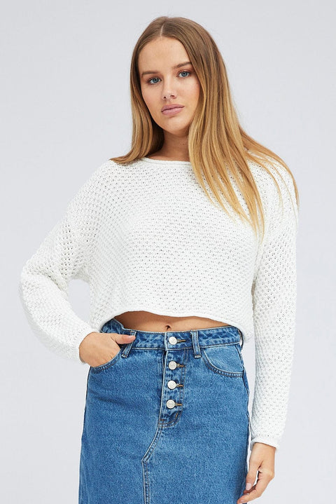White Knit Top Long Sleeve Crew Neck