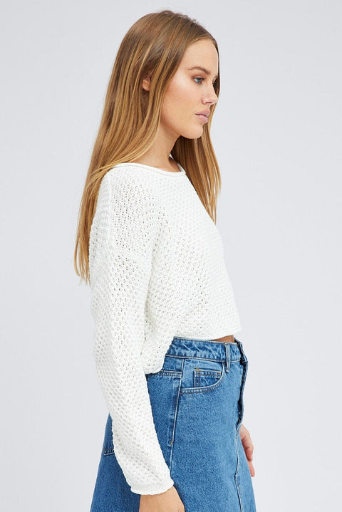 White Knit Top Long Sleeve Crew Neck