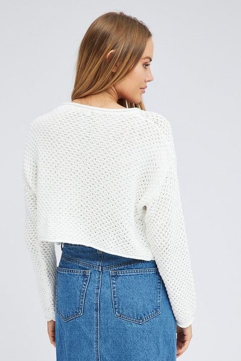 White Knit Top Long Sleeve Crew Neck